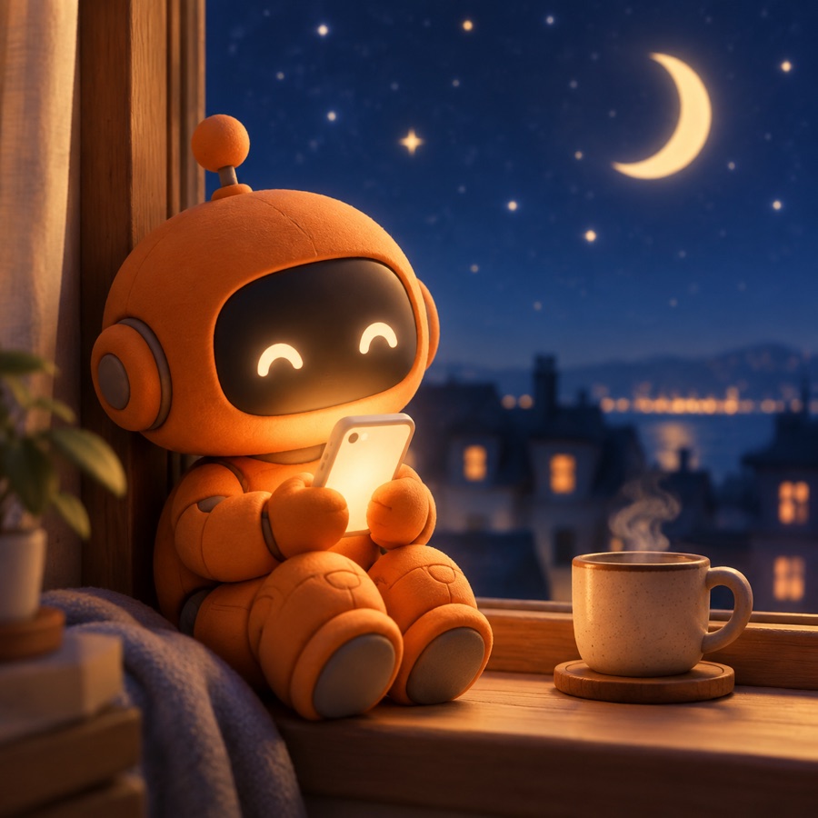 夜里抱着手机的小机器人，窗外有月亮